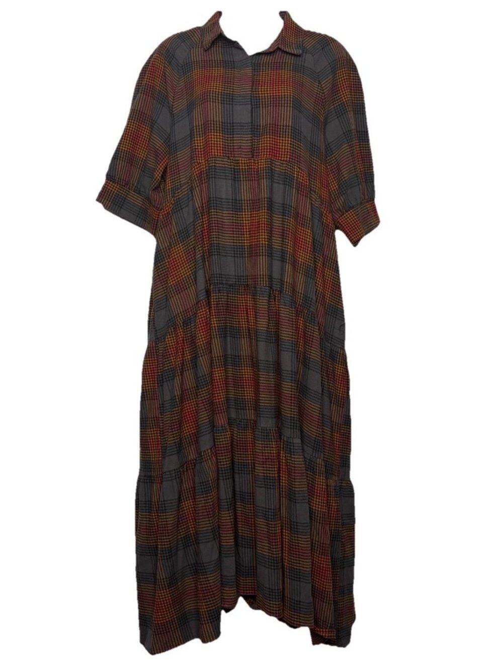 Natural Life Rebecca Tiered Midi Dress Size L Gray Orange Red Plaid Flannel